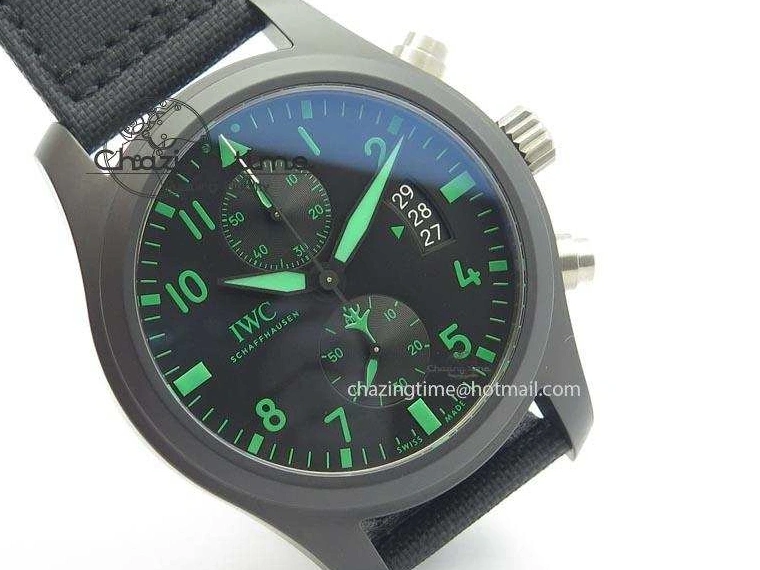 MIROTIME 0414 Pilot Chrono IW388003 Real Ceramic V6F Best Edition Green Markers On Black Nylon Strap A Effortless 7283